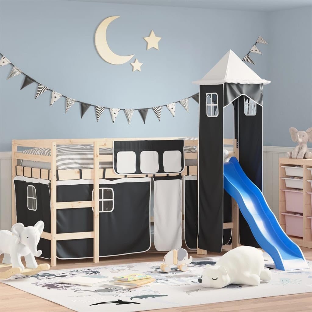 Kinder Hochbett Vorhang Set mit Turm, Spielzelt Aufsatz für Hochbetten, Versteck Spielhöhle für Kinderzimmer, Schwarz Weiß, Polyester Spielhaus Zubehör