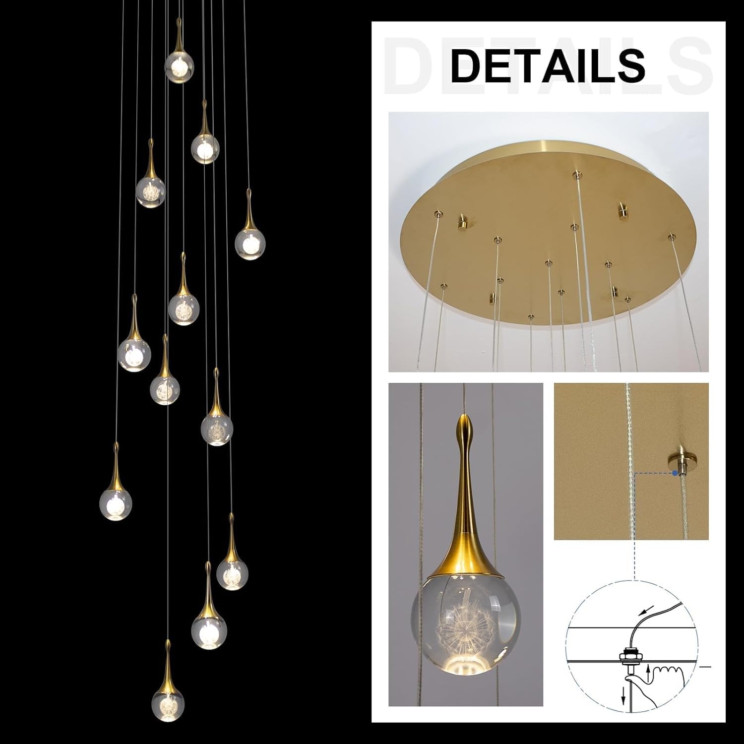 Lustre d'escalier LED doré Haut Plafond Suspension Luminaire intensité Variable télécommande Moderne Cristal en Forme de Goutte d'eau Longue Lampe Suspendue Cage d'escalier Salon entrée