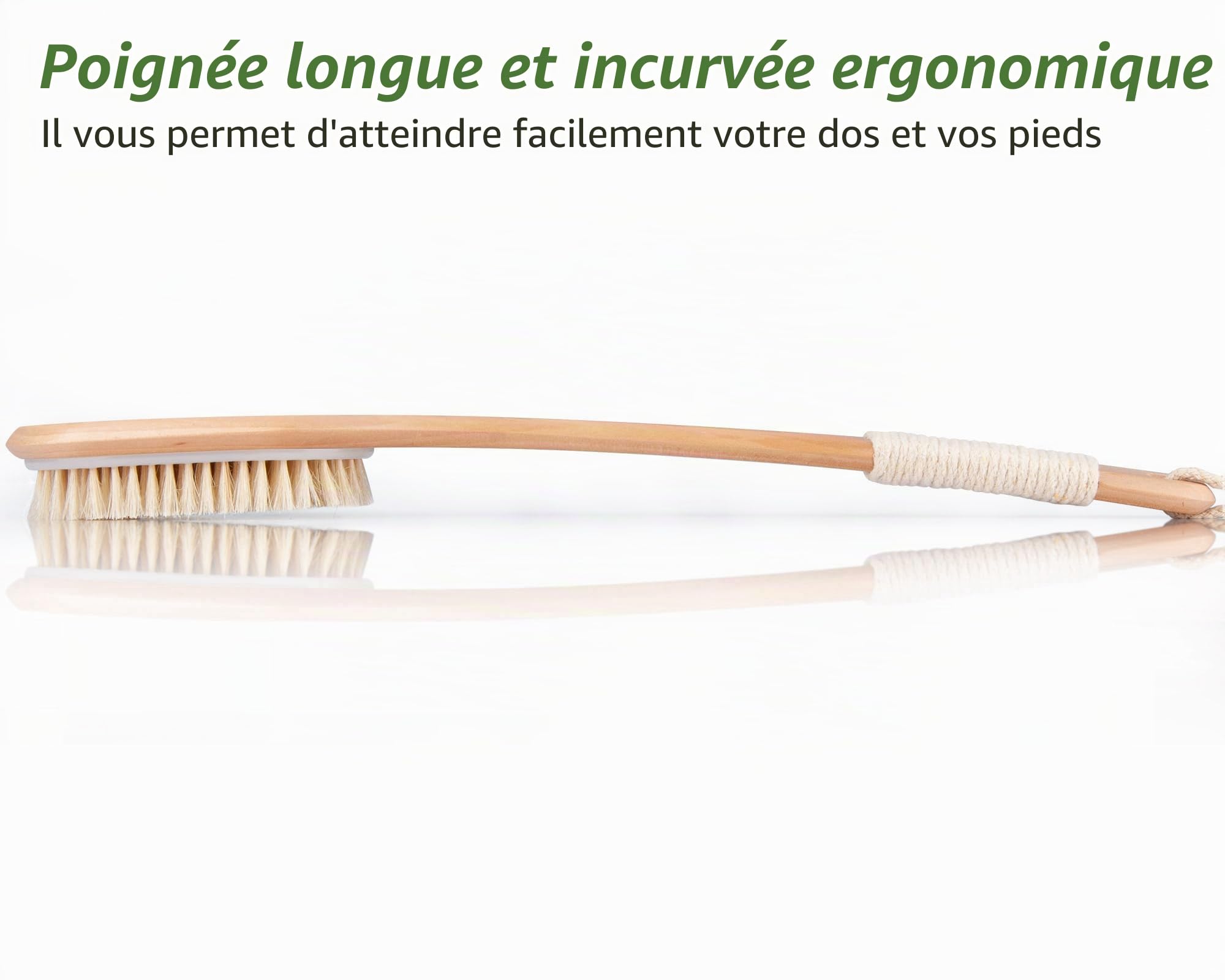 Brosse dos Douche, 44,5CM Brosse Exfoliante Corps en Bois, Poils Naturels Brosse Corps Longue Manche pour éliminer les Peaux Mortes et la Cellulite