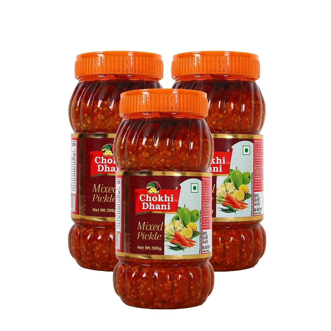Chokhi DhaniMixed Pickle | Spicy Indian Achar with Mango, Carrot, Chili & Lime | Traditional Masala Blend | No Preservatives | Homemade Taste | Pack of 3, 400 gm