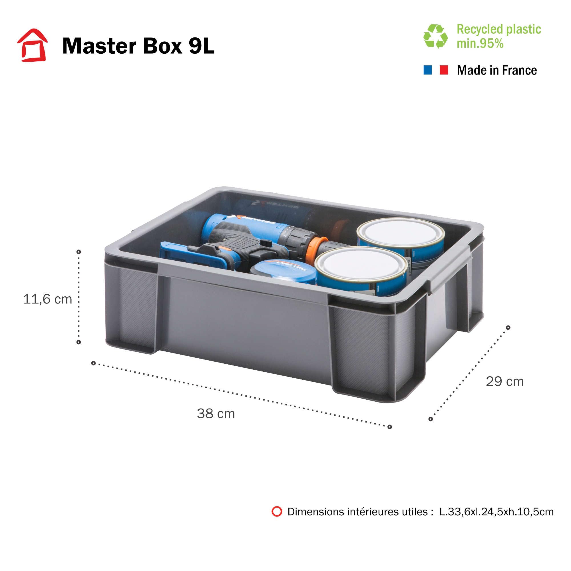 SUNDIS Master Box, pojemnik do przechowywania 9 l, wykonany z tworzywa sztucznego pochodzącego z recyklingu, wytrzymały i wzmocniony, proste ścianki, możliwość układania warstw i łączenia, idealny do