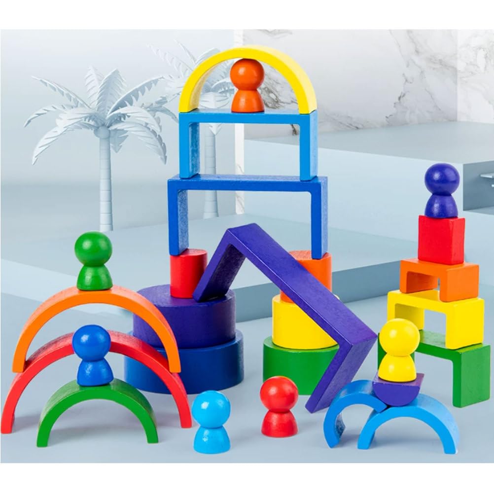 Ensemble de Blocs de Construction Arc-en-Ciel en Bois Montessori