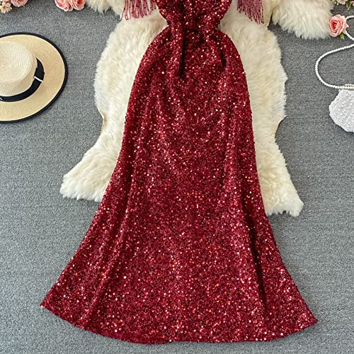 dress gold or Dallas One Shoulder Mesh Maxi Dress / Burgundy | MESHKI main image 0