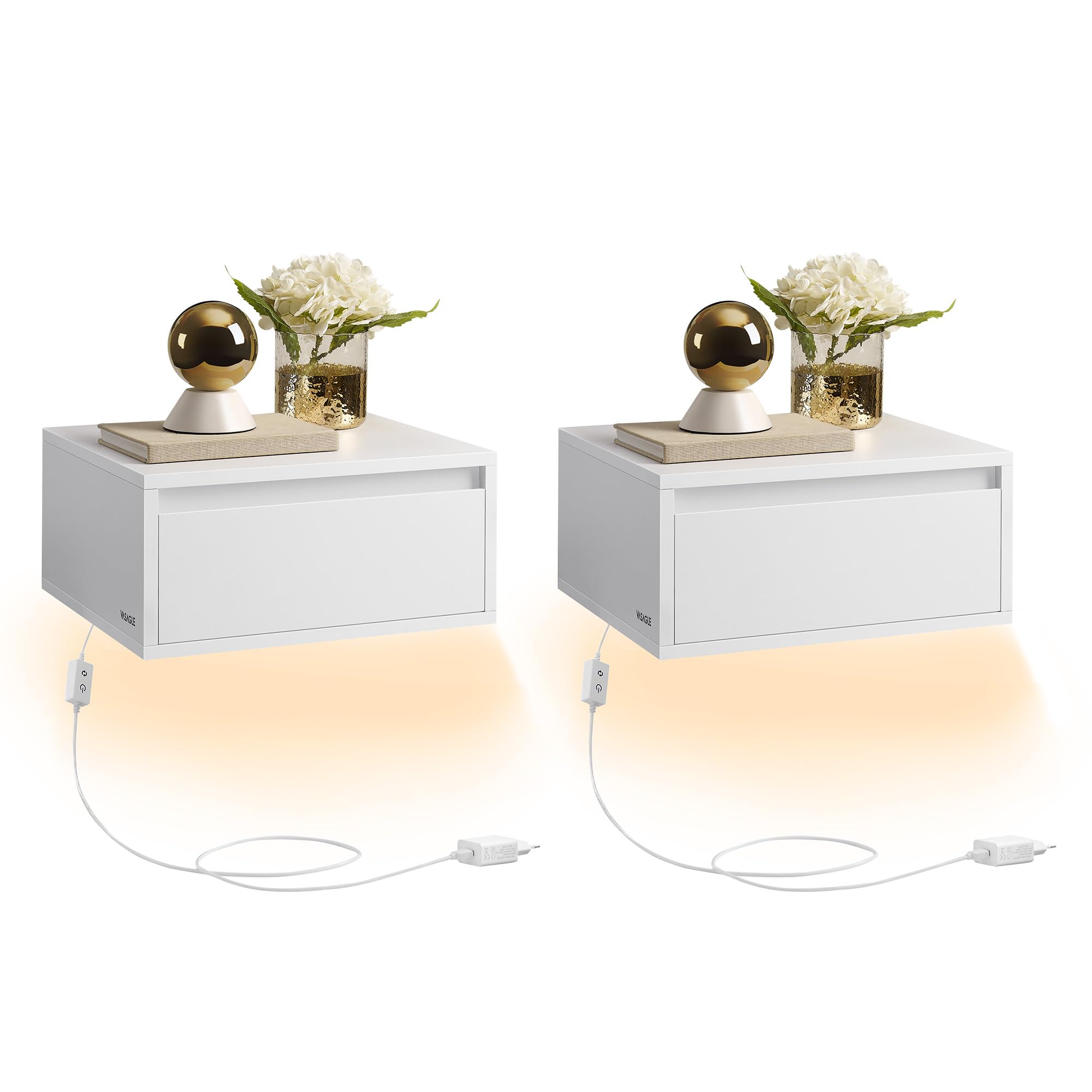 VASAGLE Nachttisch hängend 2er Set, Leuchte mit 3 Farben, schwebendes Wandregal, Schublade, 35 x 40 x 18 cm, modern, Wohnzimmer Schlafzimmer, wolkenweiß LET854W01