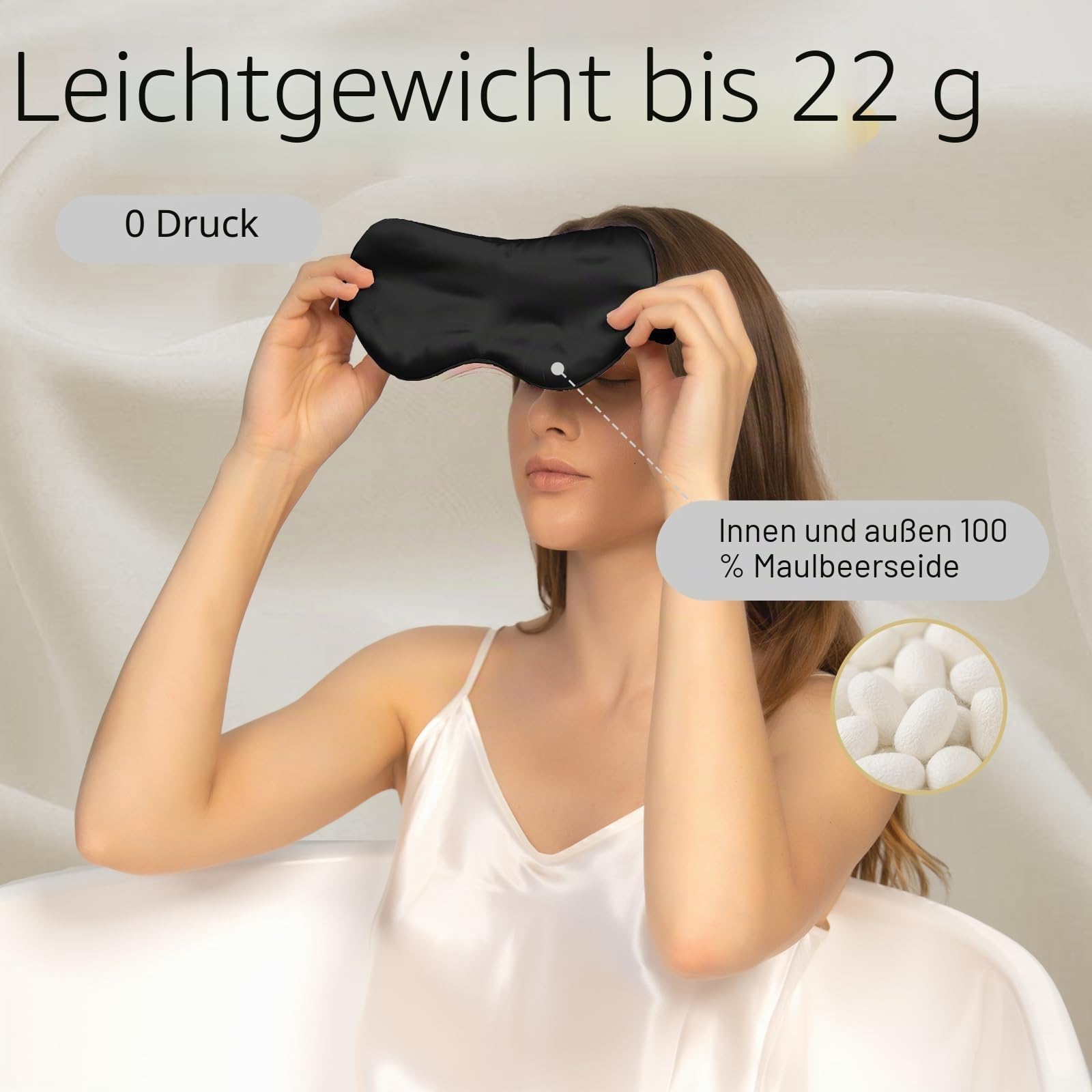ZIMASILK Schlafmaske aus 100% reiner Maulbeerseide, mit einer Stärke von 22 Momme, gefüllt mit 100% Maulbeerseide, Befestigungsband aus Seide, extrem weiche und bequeme Schlafmaske, Schwarz