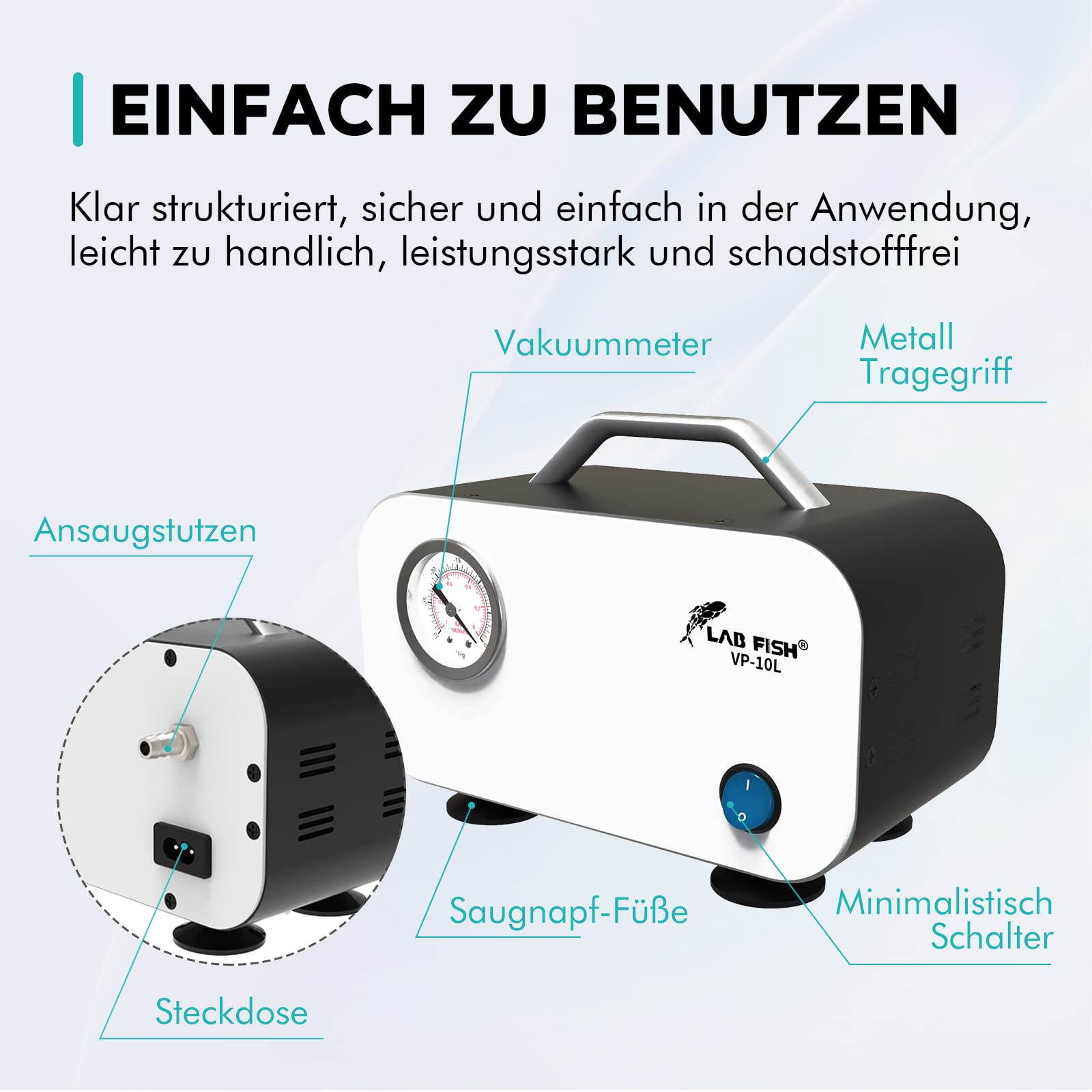 LAB FISH Ölfreie Membran-Vakuumpumpe Tragbar, 10L/min 0,075Mpa Laborpumpe mit Gummischlauch
