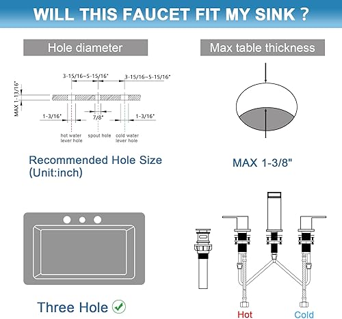 Miniatura 7 de OMEKNTOP Grifo de baño de níquel cepillado, 8 pulgadas, cascada, grifo de lavabo de 3 agujeros, grifo de baño con drenaje desplegable y manguera,