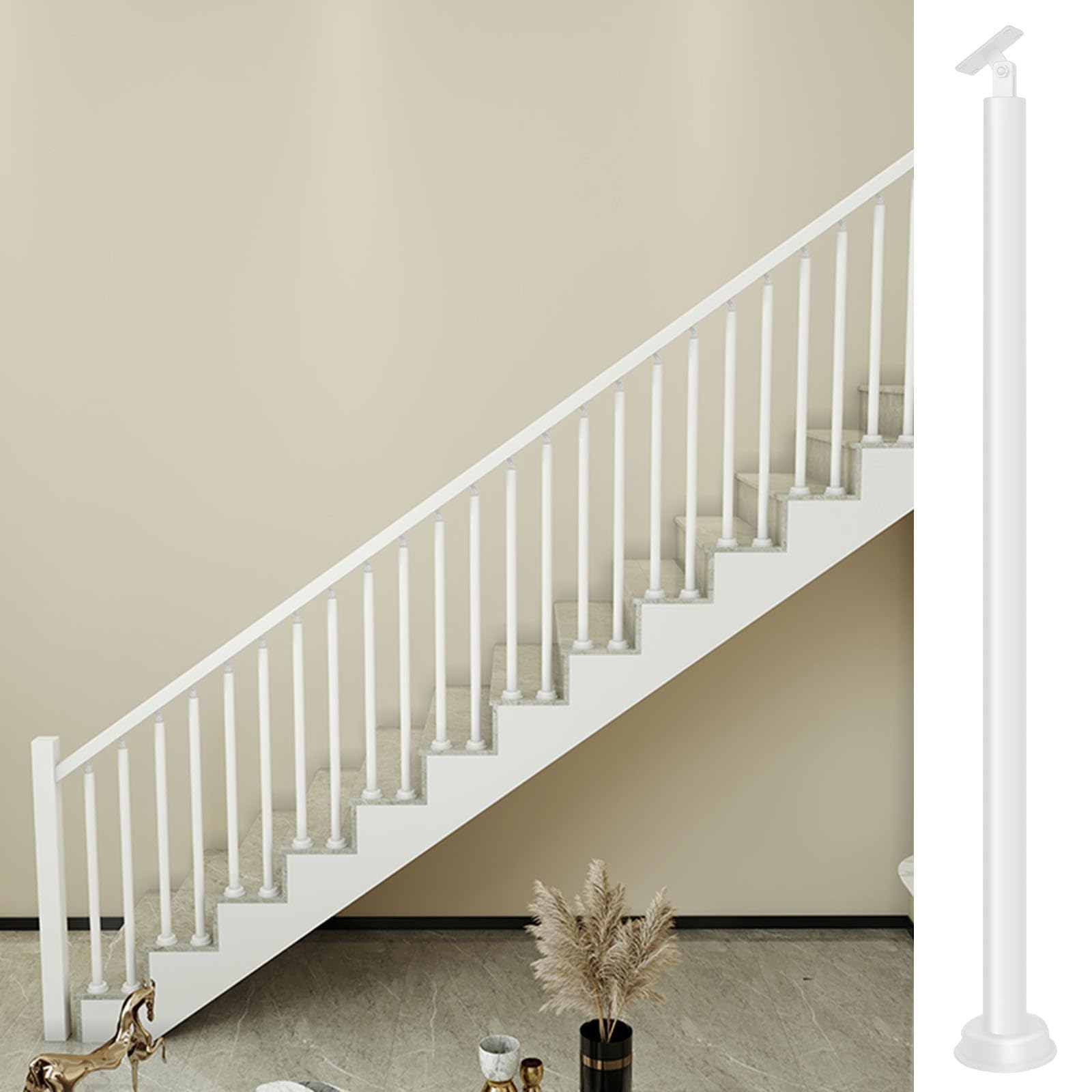 WLCGYD Stair Balusters Round White 1 2 3 5 Pack, Floor Mounted Staircase Spindles Post & Bannister Set With Adjustable Top Brackets for Wide Steps & Narrow Treads(1 pcs,34in/86.4cm)
