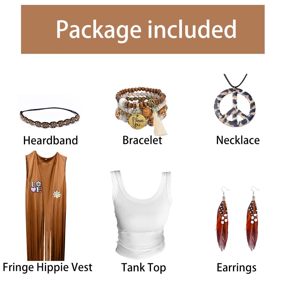 SENLI Hippie Clothes 60s 70s Outfits for Women Halloween Costume Fringe Vest 70's Disco Outfit Accessories (Brown, X-Large)