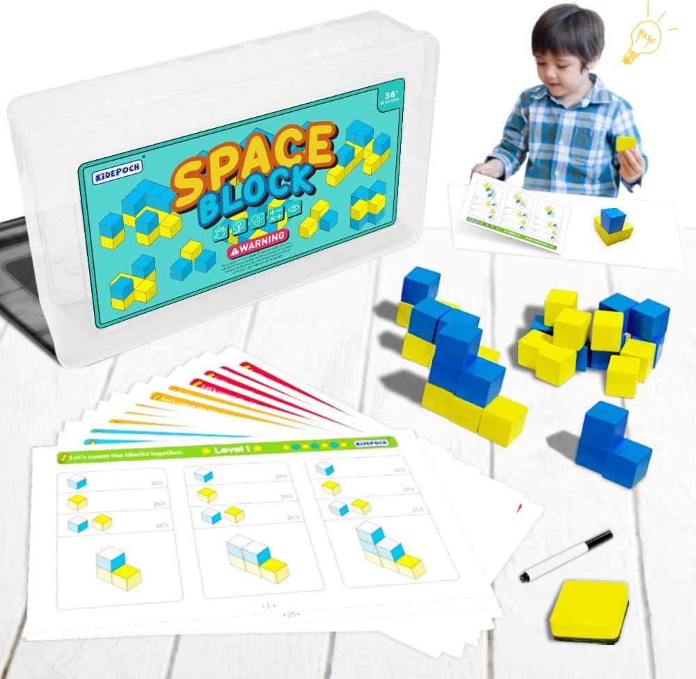Educational Space Blocks for Preschooler with Wooden Blocks, Count the Blocks STEM Educational Learning Games, Counting & Sorting Math Games with Cubes, Color Educational Spatial Imagination Games