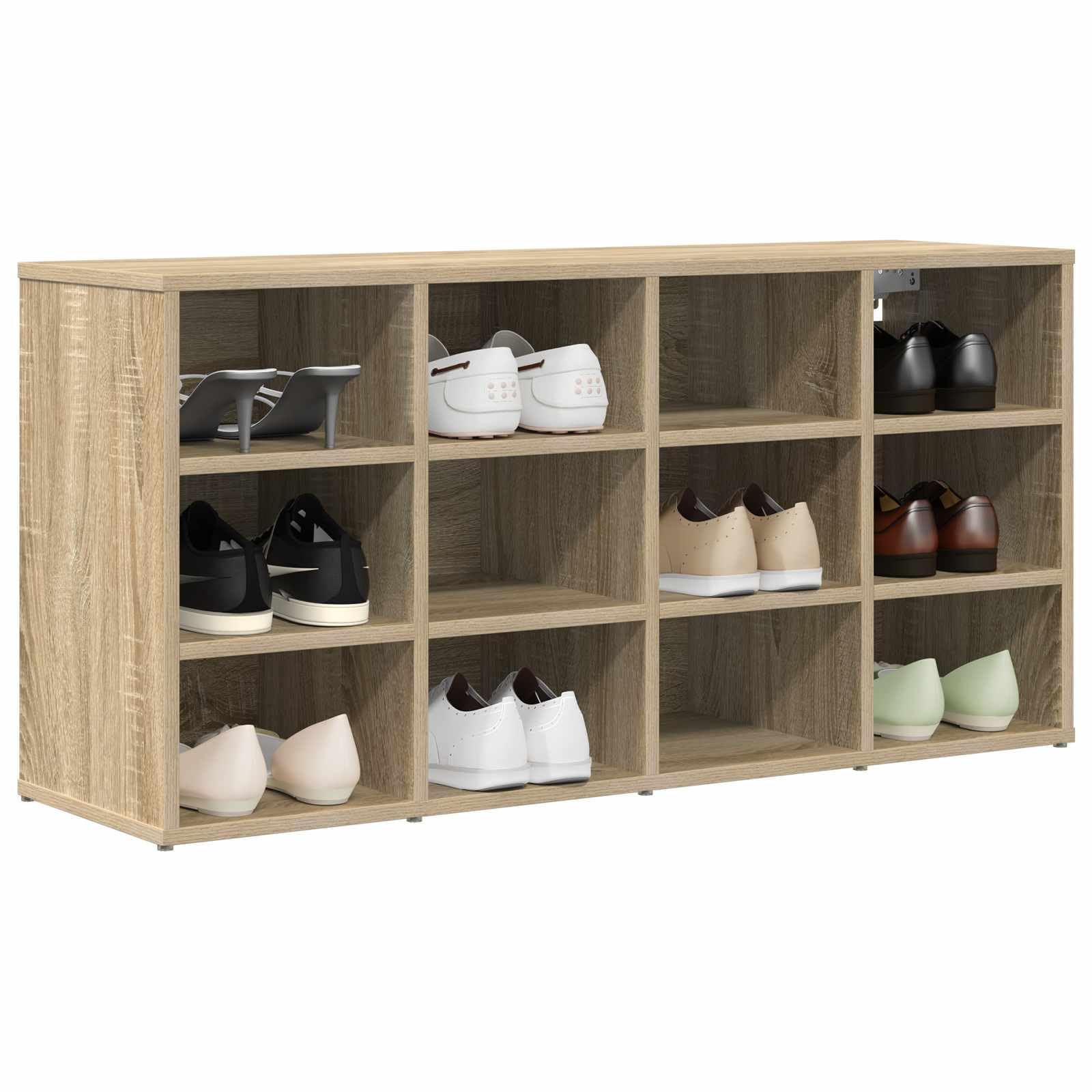 Szafka na buty z materiału drewnopochodnego dąb Sonoma 103 x 30 x 51 cm z przegródkami i drzwiami, zajmujący niewiele miejsca regał do przechowywania butów do korytarza, przedpokoju