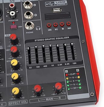 Professional Bluetooth DJ Audio Mixer - 6 Channel DJ Controller Sound Mixer MP3 Input 48V Phantom Power Stereo DJ Studio for Professional Recording Party KTV Stage