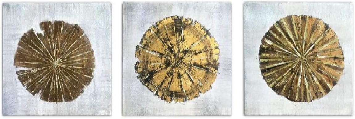 HLJ ART Abstract Metallic Gold-champagne Handmade Oil Painting 3 Panels Circles Modern Wall Art (Gold A, Inner framed)