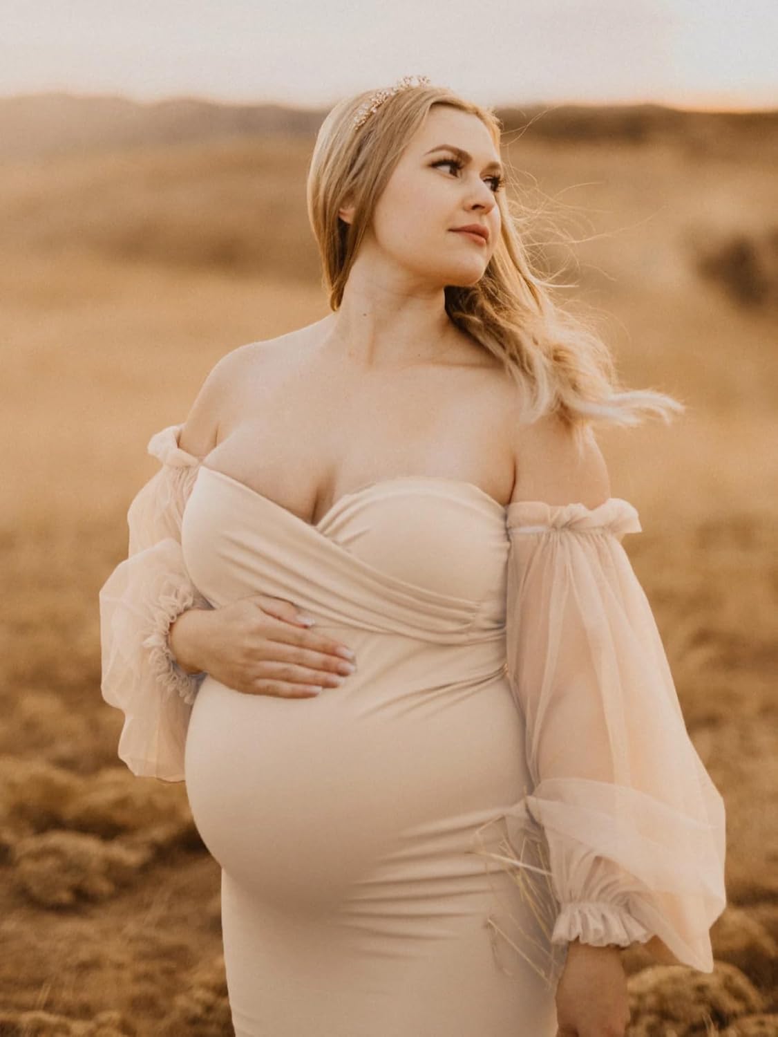 JustVH Maternity Mesh Puff Sleeve Off Shoulder Maxi Photoshoot Dress for Baby Shower Mermaid Hem Party Gown for Photography - Image 5