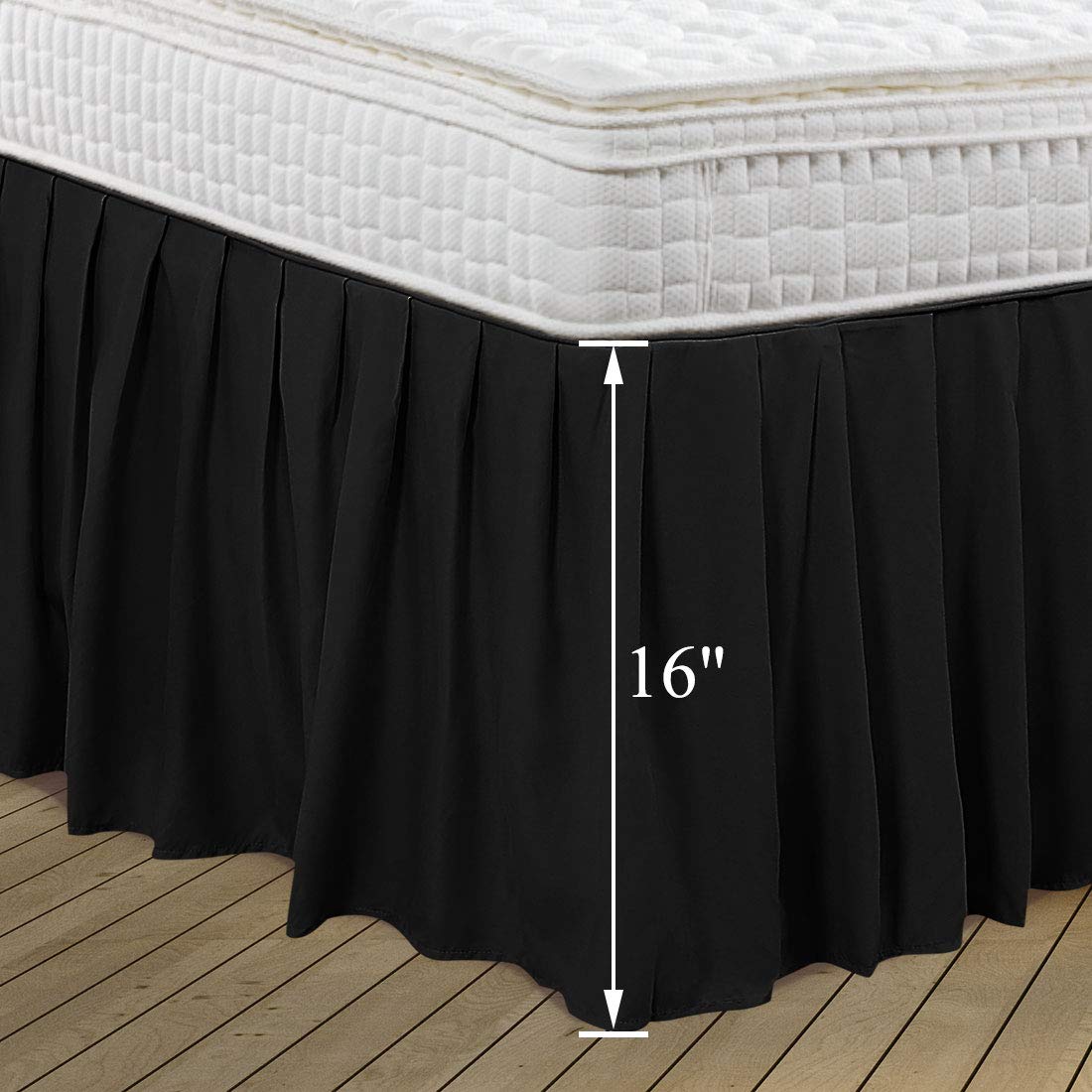 PiccoCasa - Gonna per letto con ruches in poliestere spazzolato di qualità hotel, durevole, resistente alle rughe e allo sbiadimento, per camera da letto, 45,5 cm, colore: Nero