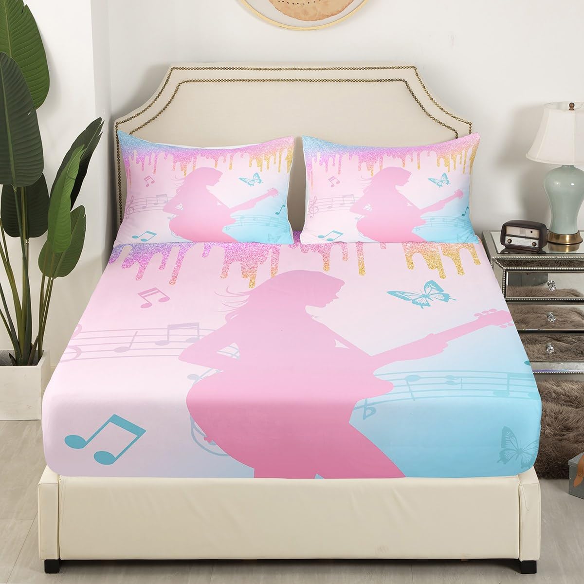 jejeloiu Girls Singer Bed Sheets Pink Music Guitar Bedding Set Twin Size Glitter Fashion Women Bed Cover Room Decor Lightweight Deep Pocket Fitted Sheet with 1 Pillow Case (No Top Sheet)
