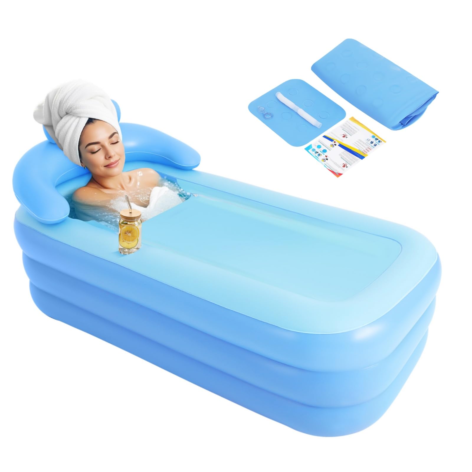 Vasca da bagno gonfiabile, in PVC, pieghevole per esterni, con schienale ergonomico e braccioli, vasca da bagno mobile, autoportante con copertura per persone meno di 1,85 m e 100 kg, 160 x 84