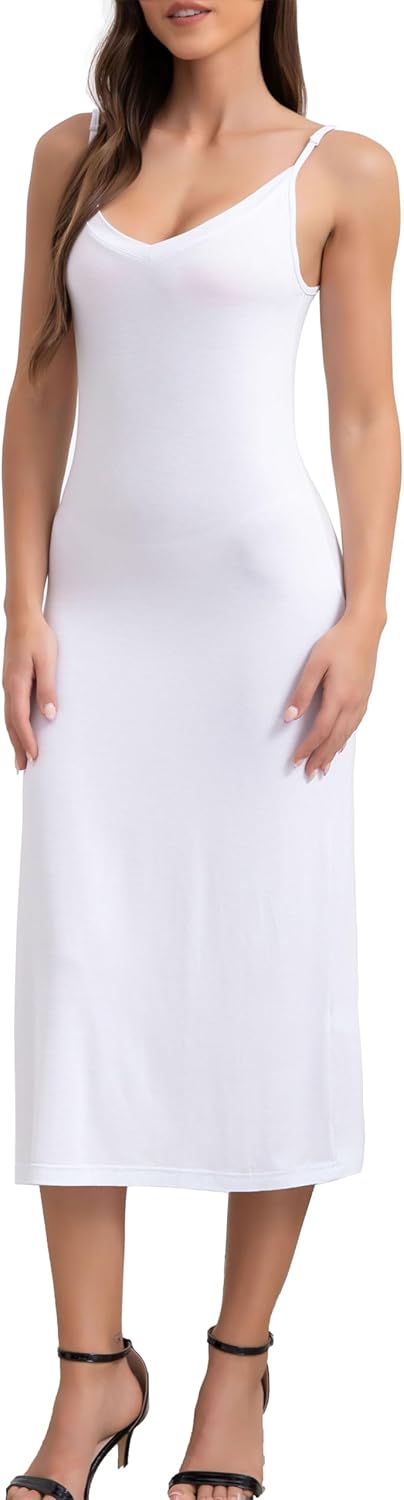 V Neck Long Full Slips for Women Under Dresses Adjustable Straps Midi Cami Dress