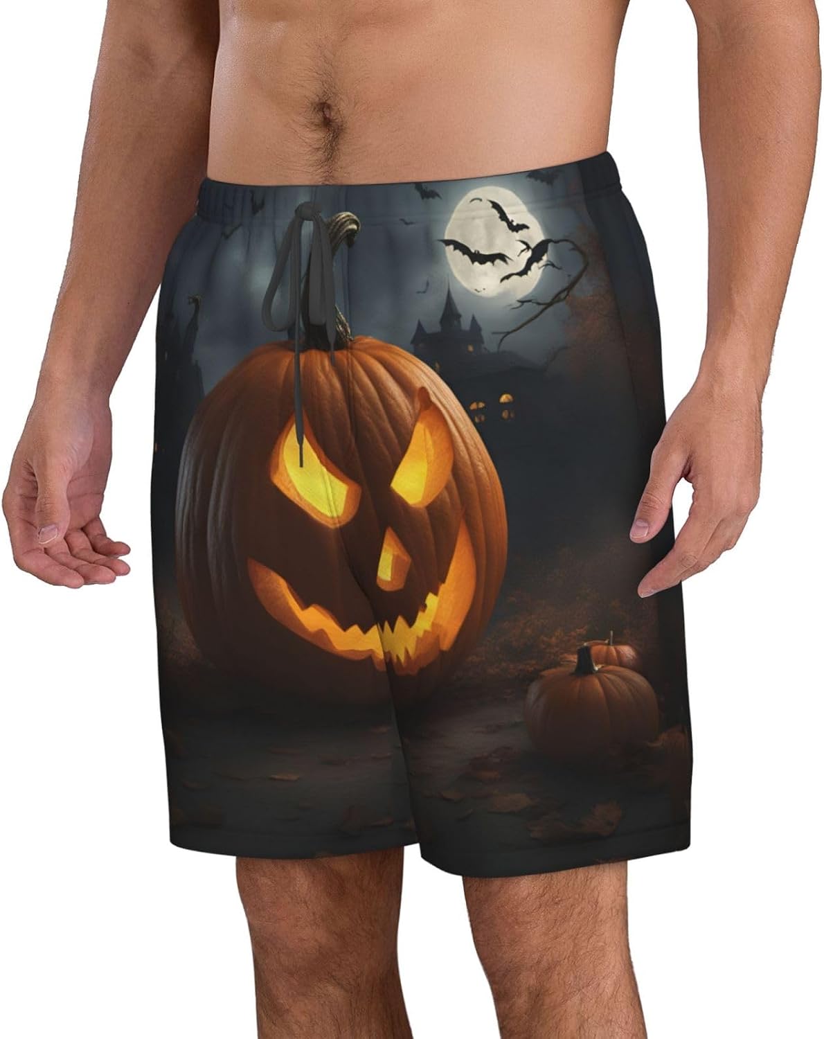 Mens Halloween Pumpkin Print Beach Shorts,Casual Summer Shorts for Men,Quick Dry Polyester