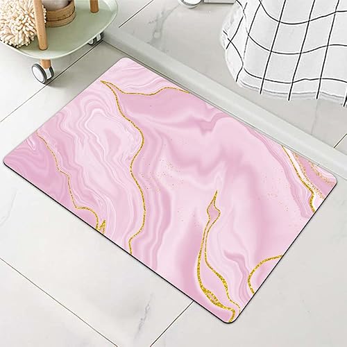Alfombra de baño con patrón de mármol rosa y dorado, antideslizante, de secado rápido, súper absorbente, delgada, para debajo de la puerta, lavable,