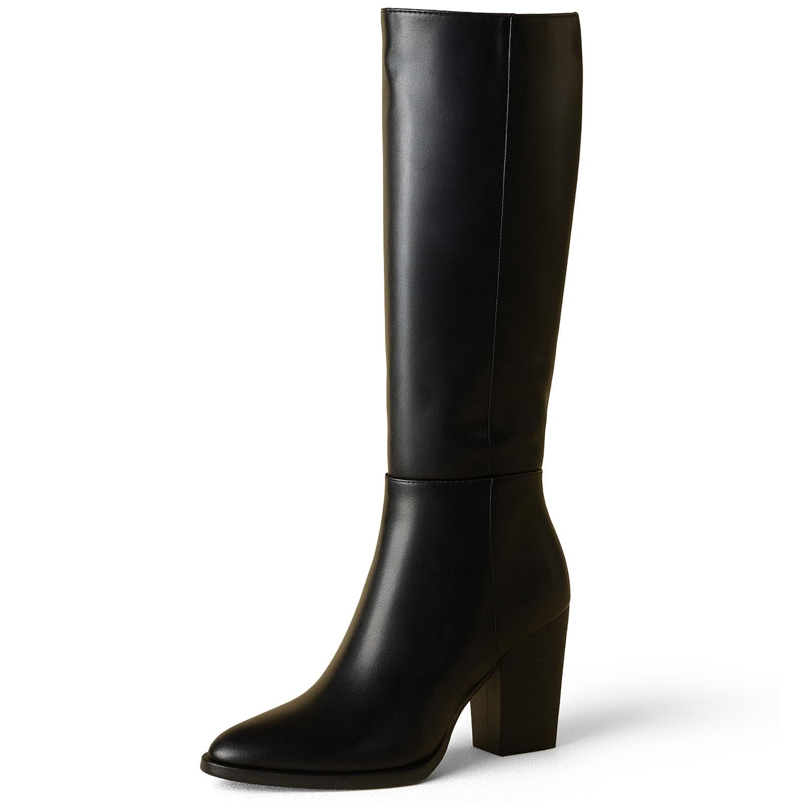 Women's Knee High Boots Pointed Toe Tall Boots Stacked Chunky Heeled Boots with Zipper