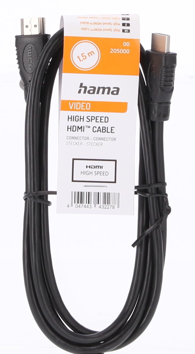 Hama HDMI cable for audio and video data transfer (transfer rate up to 10.2 Gbit/s, 340 MHz throughput, max resolution 1080p, basket, 1.5m) black