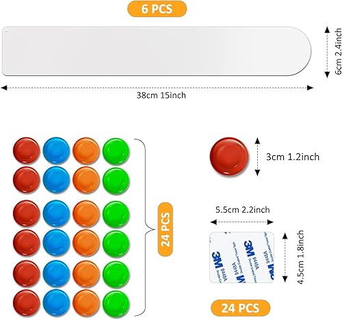 Miniatura 2 de Demao Juego de 6 tiras magnéticas de hierro inoxidable sin marco con respaldo adhesivo, tira de notas de barra de anuncios con 24 imanes coloridos