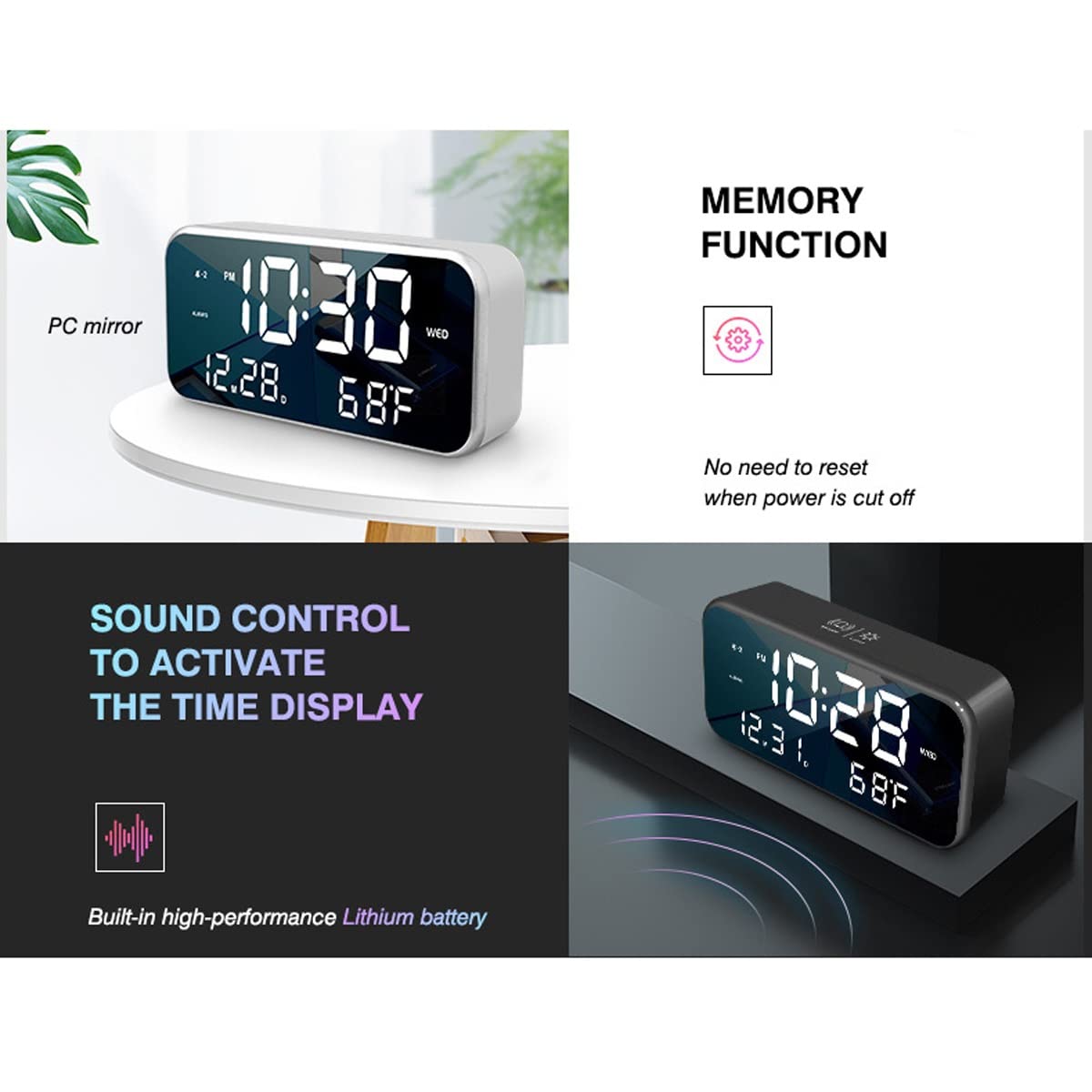 Cyfrowy budzik LED z muzyką - elektroniczny budzik z ładowaniem przez USB z aktywowanym głosem trybem oszczędzania energii, funkcją drzemki, regulacją jasności, 3 grupami trybów alarmowych (kolor: B