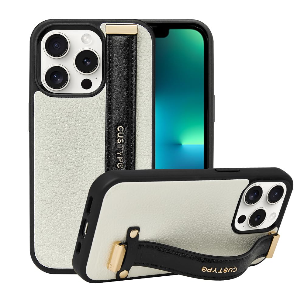 CUSTYPE for iPhone 13 Pro Max Case with Wrist Band Strap Kickstand,Adjustable Finger Grip Loop Leather Case,Shockproof Protection Holder Cover for Women for iPhone 13 Pro Max 6.7inch-Black&White