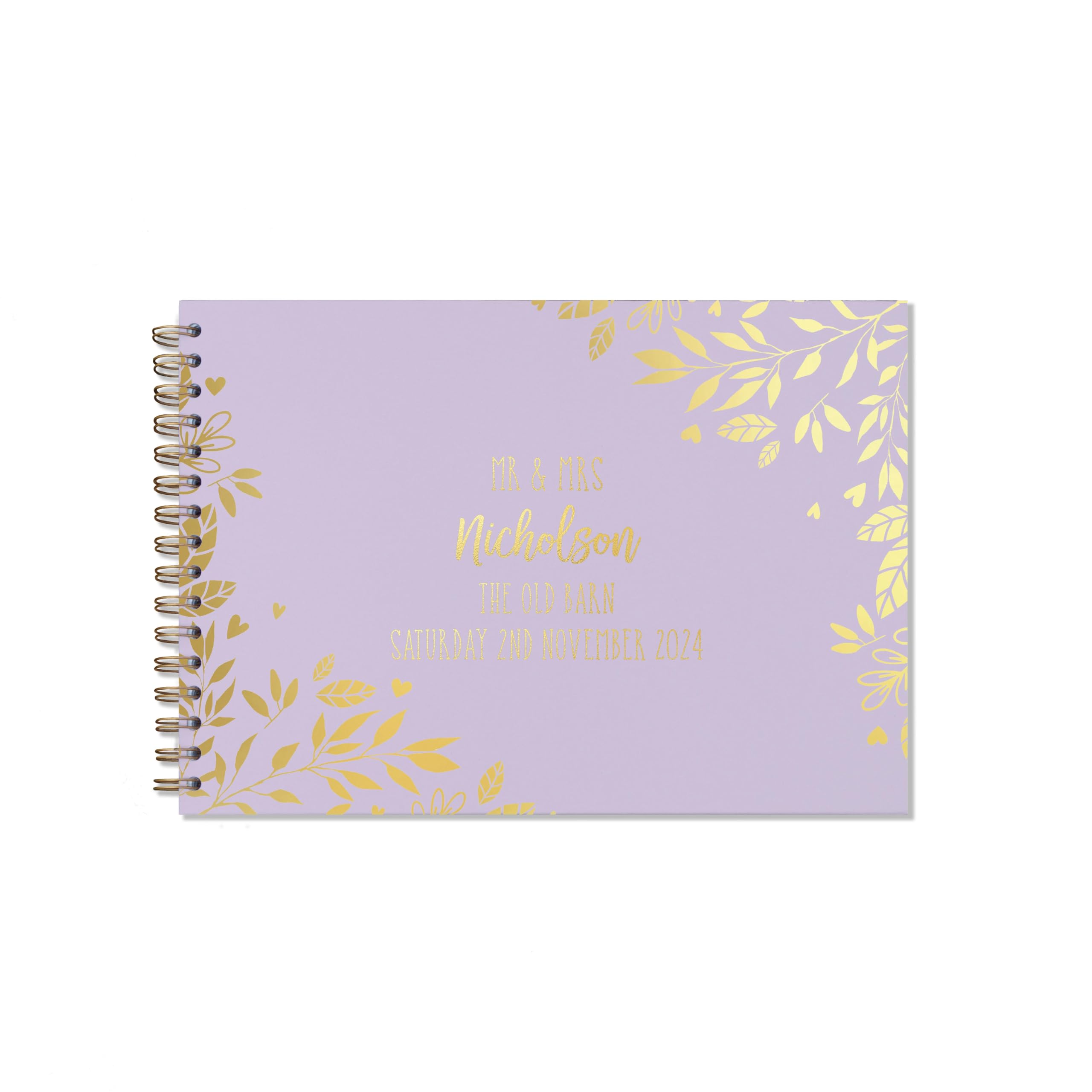 "Manta Makes Wedding Guest book personalised gold foil 26 colour choices A5 or A4, signing book wedding decorations for wedding reception, wedding books for guests to sign (A4, Lilac)"
