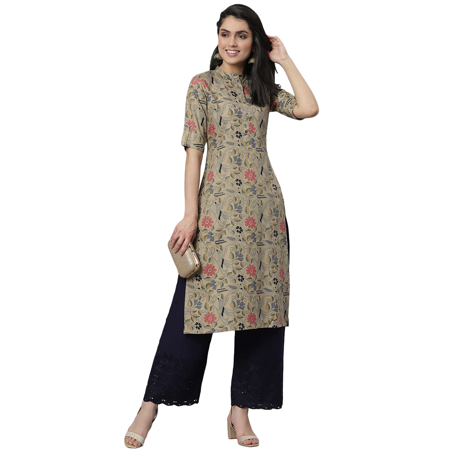 StylumWomen's Floral Printed Rayon A-Line Kurta (Beige)