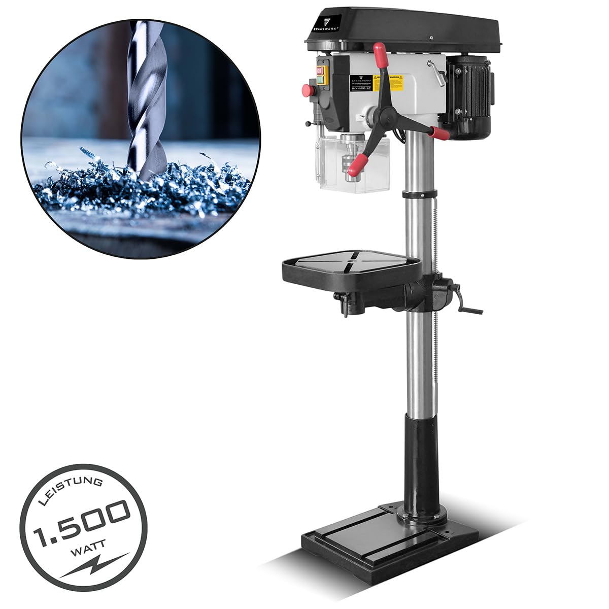 STAHLWERK Säulenbohrmaschine 1500 W – Bohrdurchmesser Ø 5-20 mm, 150-2.450 U/min, präzise Standbohrmaschine für Heimwerker und Metallbauer, robuster Bohrtisch und Metallfuß für stabilen Stand