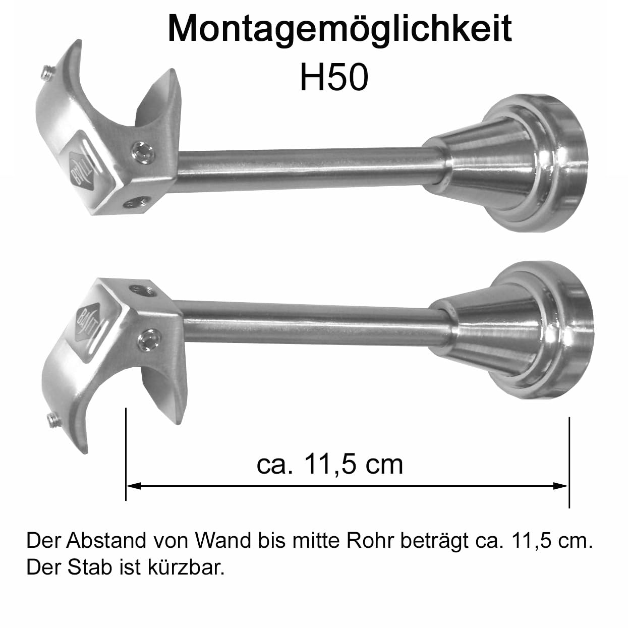 BASIT Gardinenstange Innenlauf Edelstahllook 20mm 1-läufig Wand 320cm H50I | Gardinenstangenset einläufig Wandmontage Metall Vorhangstange Wandhalterung 120-600cm wählbar Kappe E30