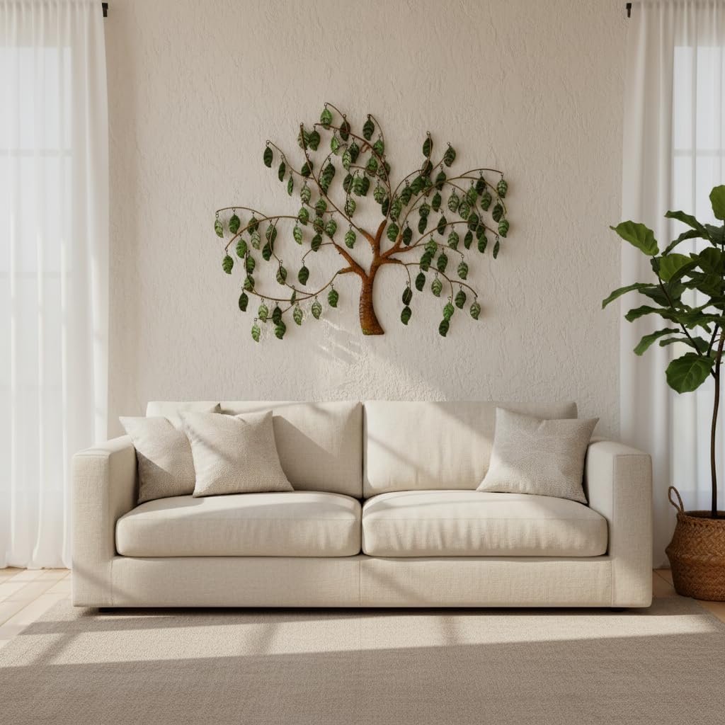 VEWOSTAR Leaf Metal Wall Art 22”W*27”H Tree of Life Wall Art for Living Room Green Leaves Large Wall Art Home Decor Wall Sculptures Handcrafted Hangings Wall Decor for Indoor