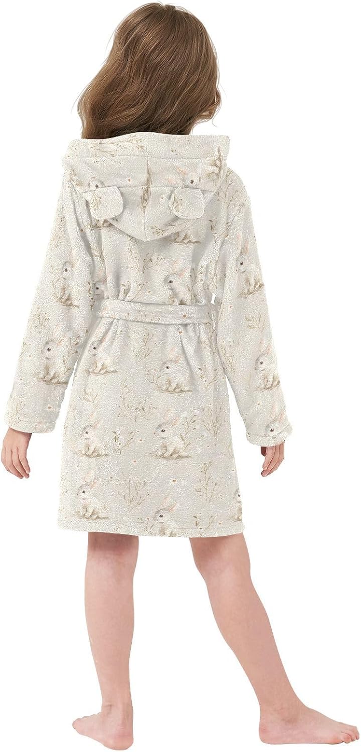 senya Rabbit Beige Toddler Hooded Bathrobe Kids Soft Plush Bath Towel Robes for Boys Girls 2-12 Years