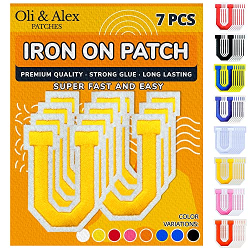 Oli and Alex Iron On Letters - 2.4 inch U Yellow Patches - 7pcs - Super Glue - No Sew Needed - Embroidery Style for Football Team, University