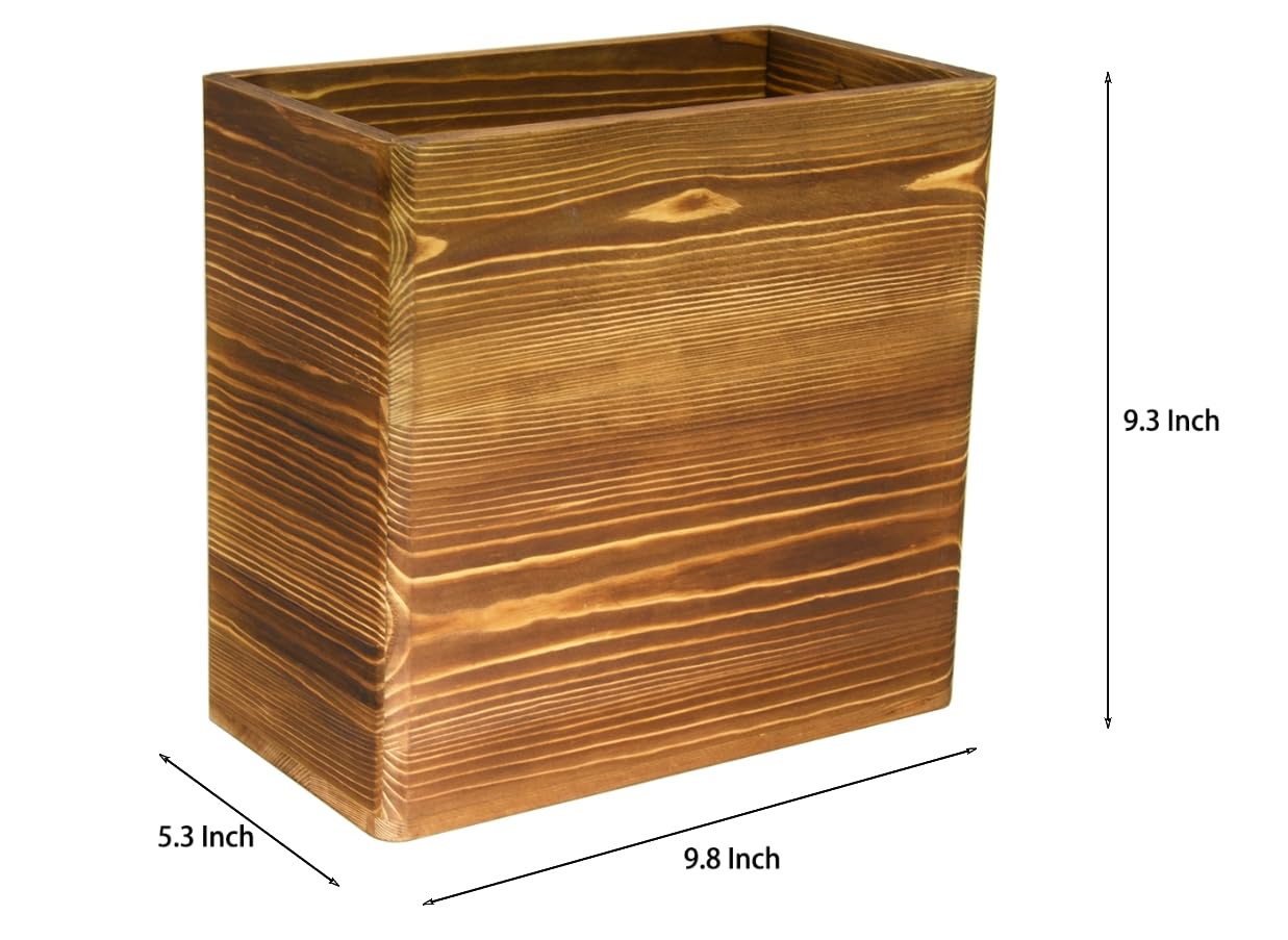 Owlgift Wooden Rustic Burnt Waste Basket Trash Bin, Rectangular Wastebaskets, Bathroom Garbage Can, Bedroom Trash Can, Dorm Recycle Bin, Office Trash Can Wooden Wastebasket Wooden Décor