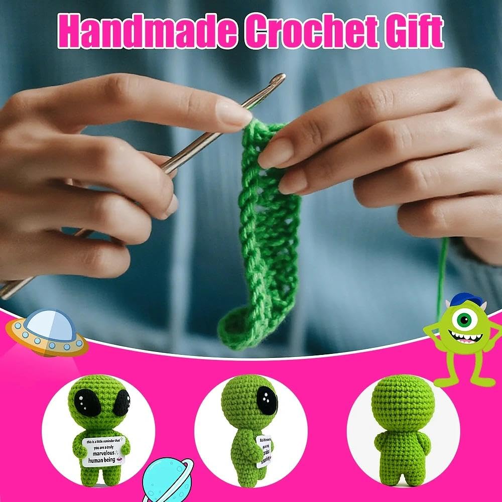 Peluche all'uncinetto con alieno regalo positivo supporto emotivo biglietto positività