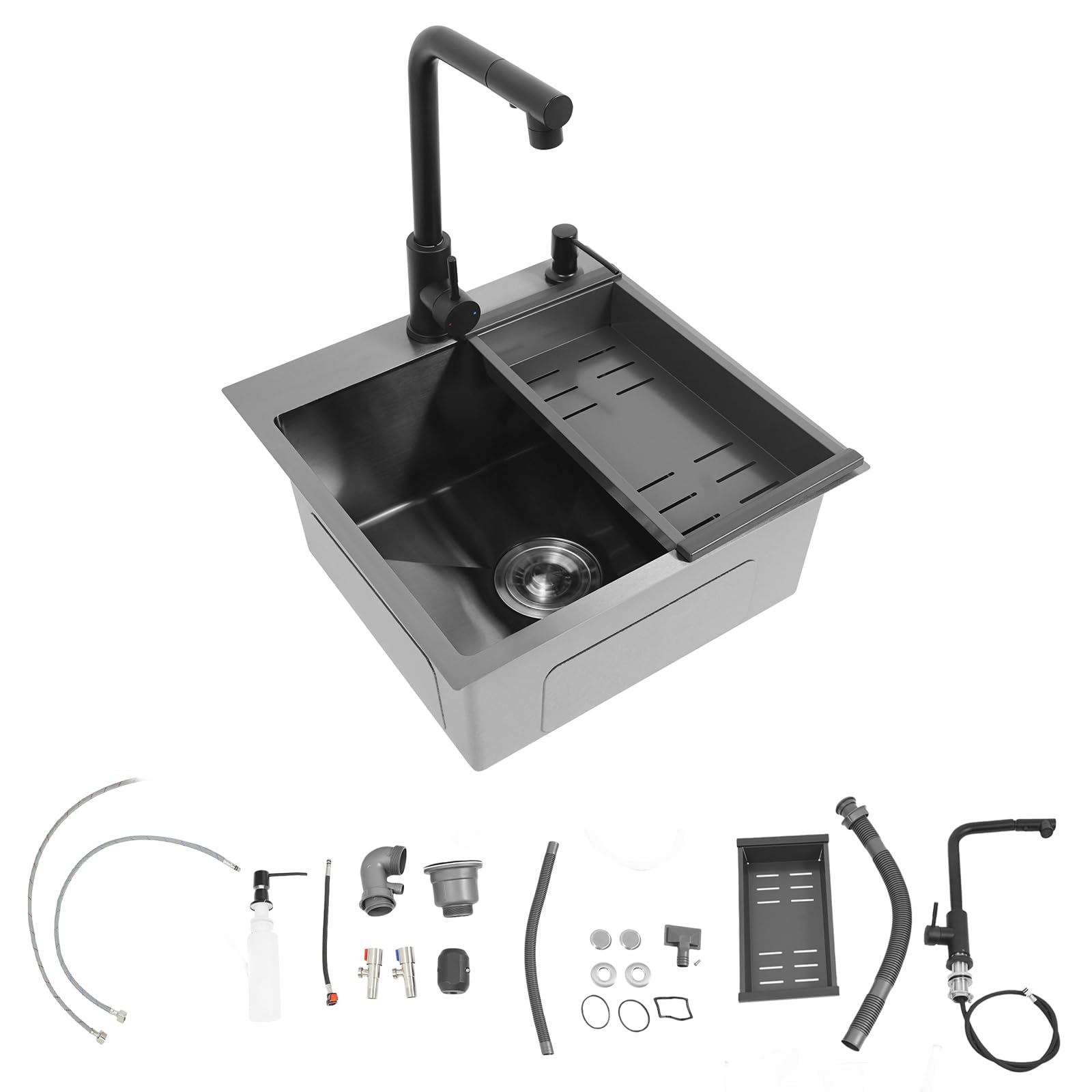 Fregadero de acero inoxidable 45 x 45 cm, fregadero de cocina 1 seno, fregadero negro con grifo extraíble, fregadero empotrado, con dispensador de jabón, cesta filtrante, tubo de drenaje
