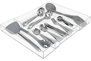 AIEVE Acrylic Silverware Organizer: Expandable, Clear, 9-Compartment Kitchen Drawer Organizer for Flatware,...