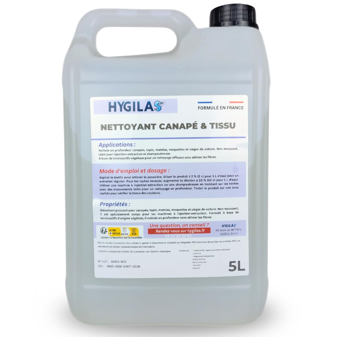 HYGILAS Nettoyant Canapé & Tissu, Professionnel 5L - Concentré à Diluer - Compatible Injection/Extraction & Shampouineuse - Matelas, Tapis, Moquette