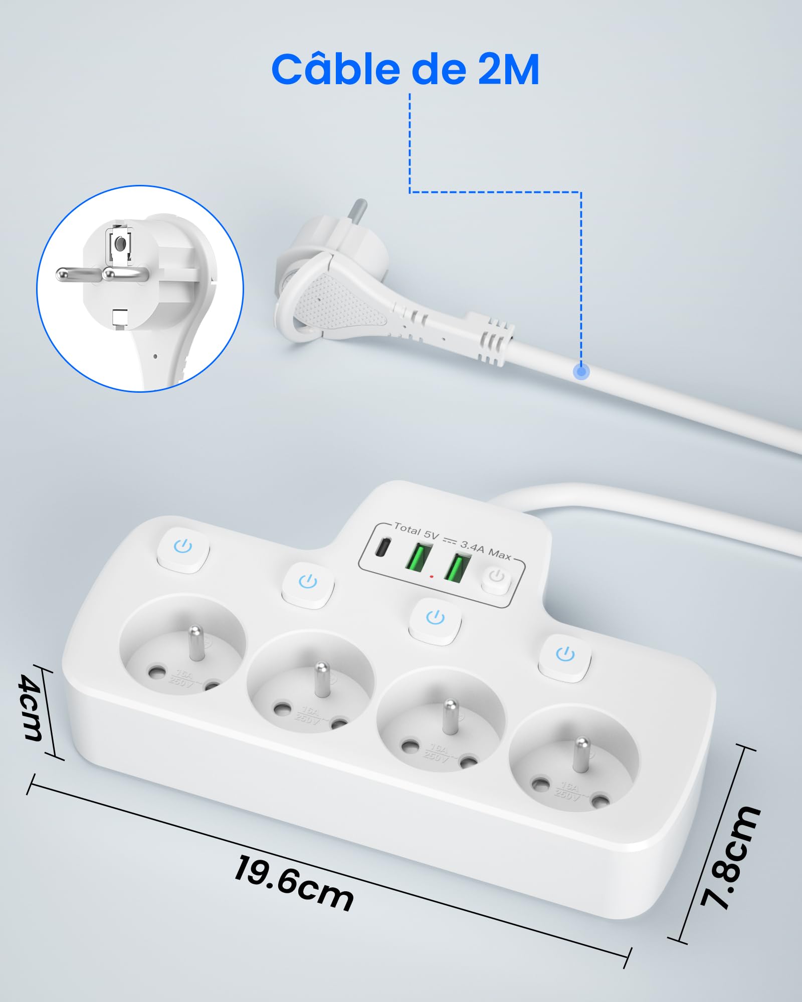2 M Torre Regletas Enchufes, Regleta USB 8 Tomas De AC Y 4 USB Enchufe Multiple,Regleta Enchufes Proteccion Sobretension, Regreltas Vertical Con Interruptor Para Mesa, Oficia, Casa,Blanco