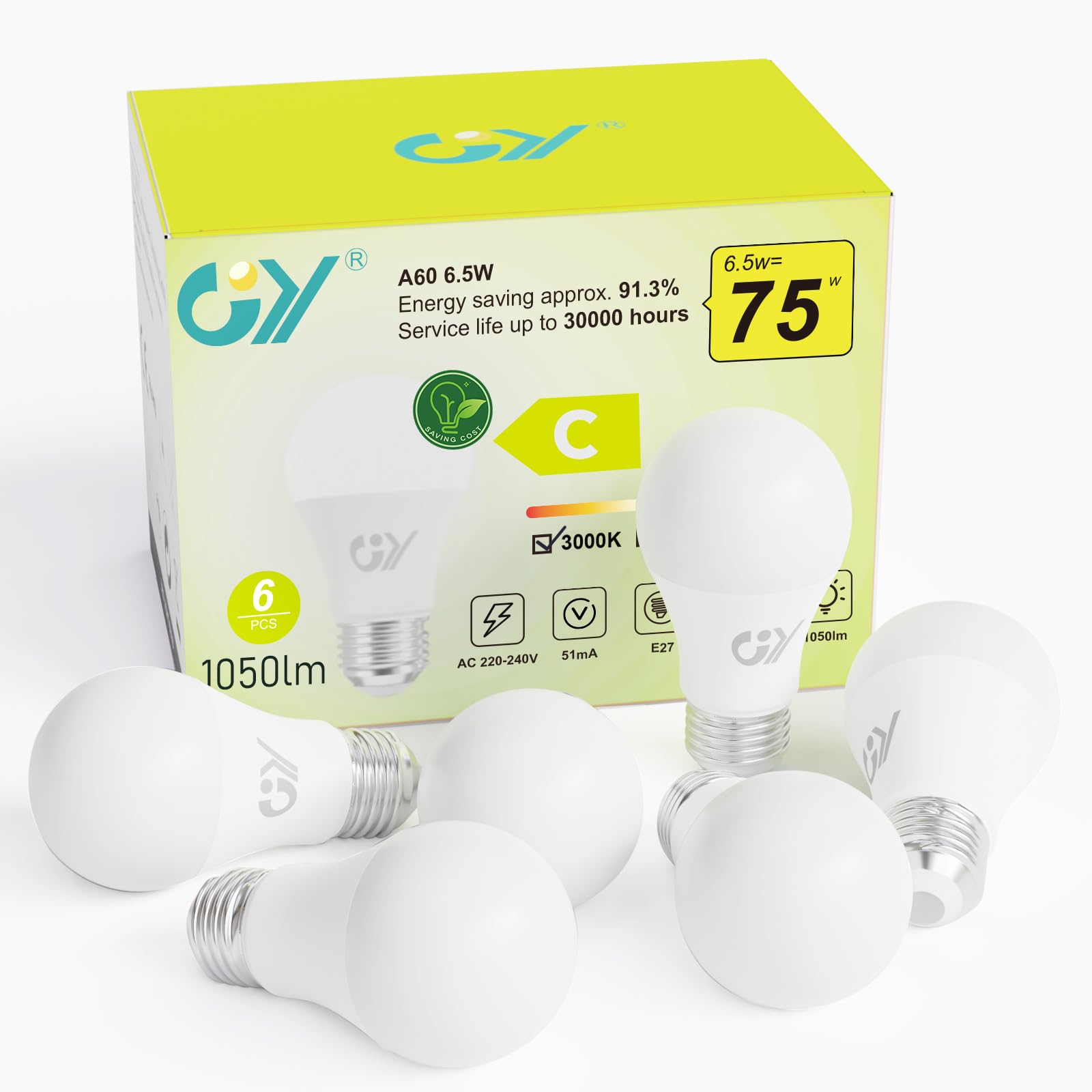 GY E27 LED Bulbs, 6.5W 1050LM, 3000K Warm White, Equivalent to 75W, Long Lifespan, Low Consumption, Energy Saving LED A60, Non-Dimmable, 6 Pieces — image 1