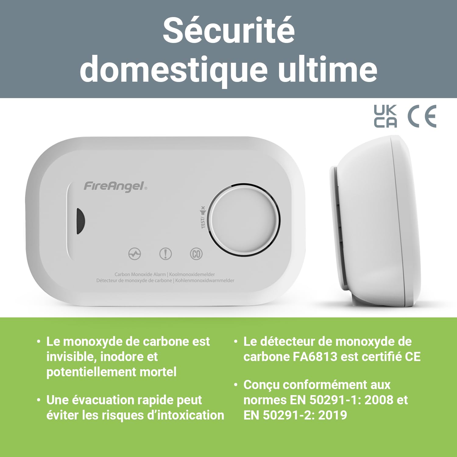 FireAngel FA6813-EU-T2 Détecteur de Monoxyde de Carbone CO, Capteur de Monoxyde de Carbone, Lot de 2 Détecteurs de CO et Alarme Portable, avec Piles, Bouton de Test
