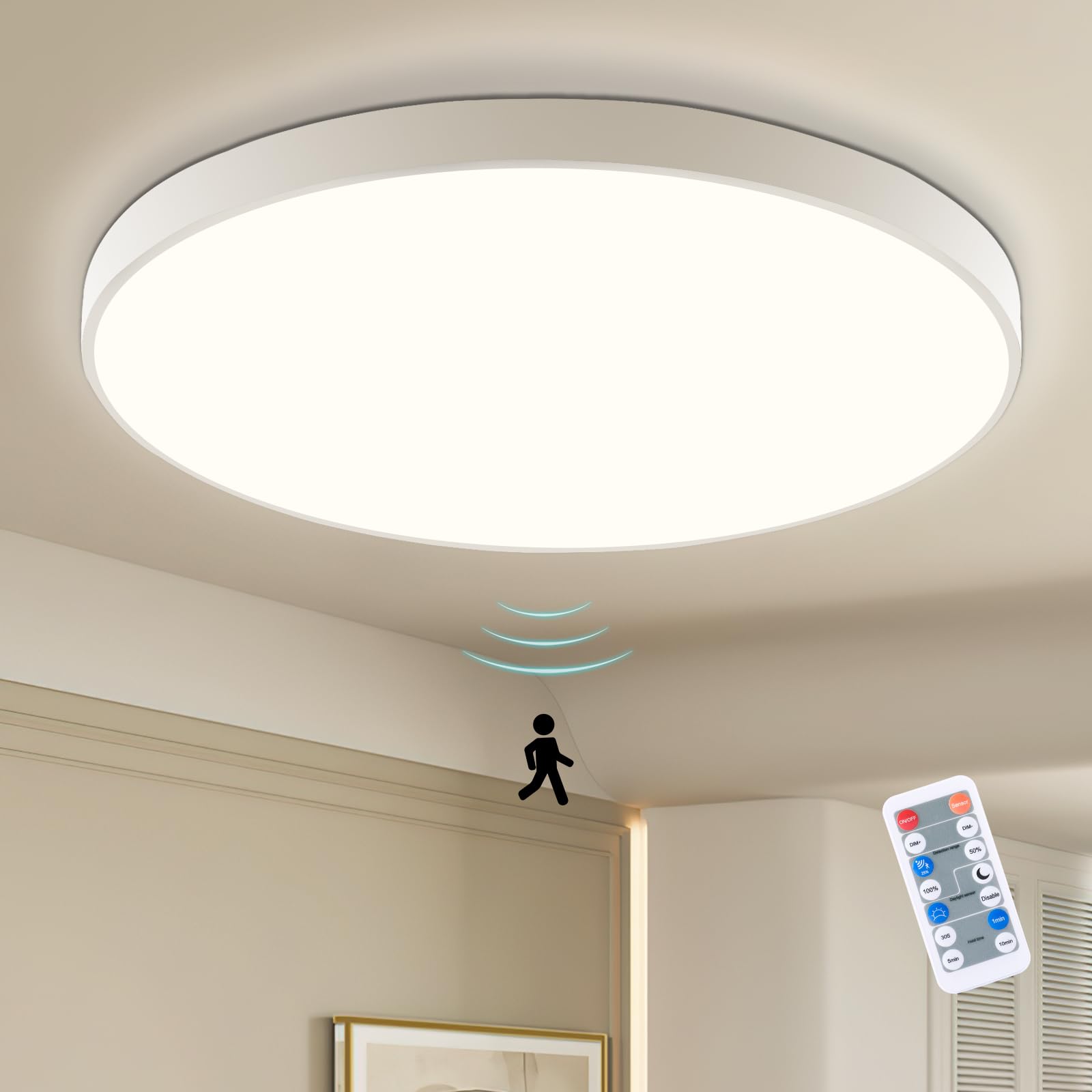LEOEU LED Deckenleuchte mit Bewegungssensor Innen,18W Dimmbar Deckenlampe Panel IP54 4000K mit Radar Bewegungsmelder und Fernbedienung, Flach Sensor Licht für Keller,Flur,Bad,Treppe, Rund Weiß 23cm