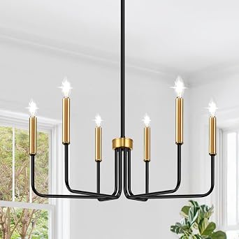 Black and Gold Chandelier, 6-Light Farmhouse Chandelier for Dining Room Lighting Fixtures Hanging, Dining Light Fixtures Industrial Modern Light Fixture for Bedroom, Foyer, Living Room and Entryway