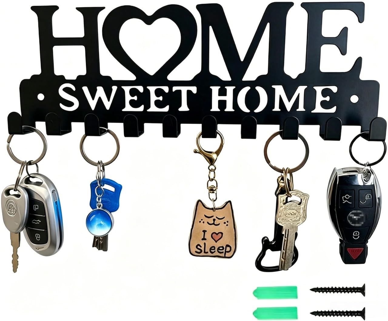 KTJEGE Key Holder for Wall,Sweet Home Wall Mounted Holder with 10 Key Hooks,Self Adhesive Keys Hook with Sweet Home Design,Black Keys Holders for Living Room Kitchen Entryway,Office & Door Decor