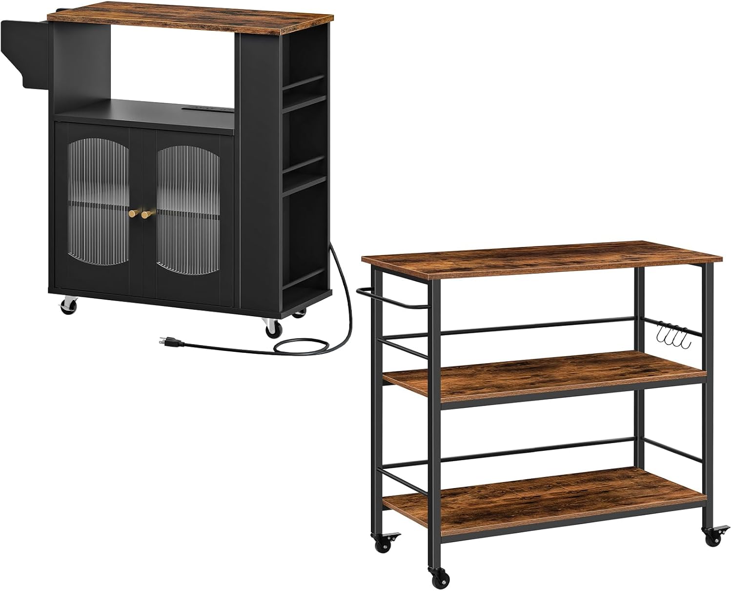 HOOBRO Kitchen Island and Kitchen Island Bundle, Rolling Kitchen Cart with Glass Doors and Open Storage Shelf, Industrial Kitchen Counter with Hooks and Side Enclosures for Kitchen, BF53UZD01-BF03ZD01