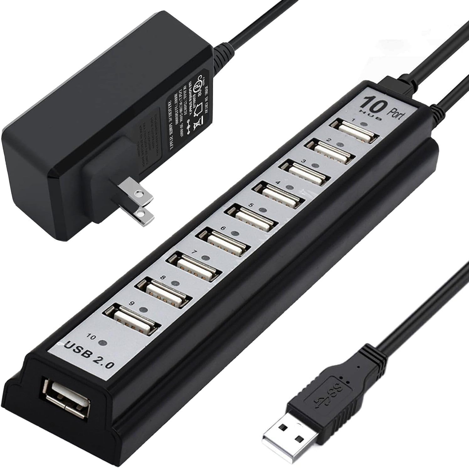 Powered USB Hub 2.0, VIENON 10-Port USB Hub USB Extender Splitterwith Individual LED Indicator Light for MacBook, PC, Laptop, Desktop
