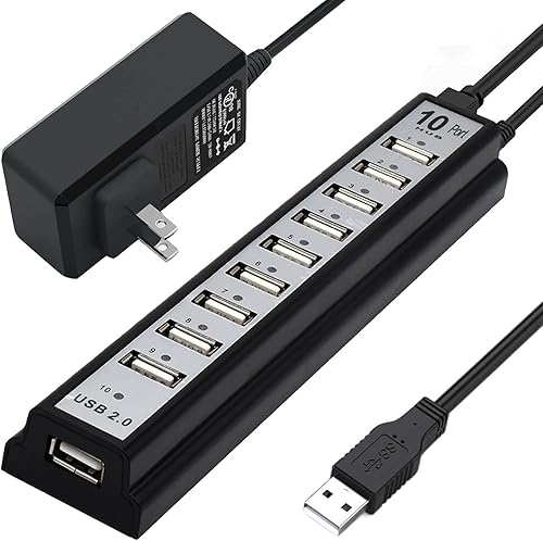 Hub USB 2.0 alimentado, vienon 10 puertos USB Hub USB Extensor Splitter con luz indicadora LED individual para MacBook, PC, portátil, escritorio